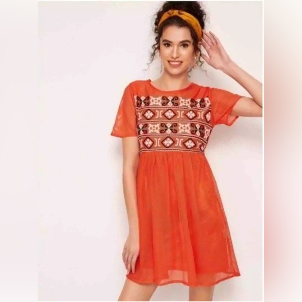 Zara Embroidered Mesh Dress Red Orange Babydoll Mini Tunic SZ Medium